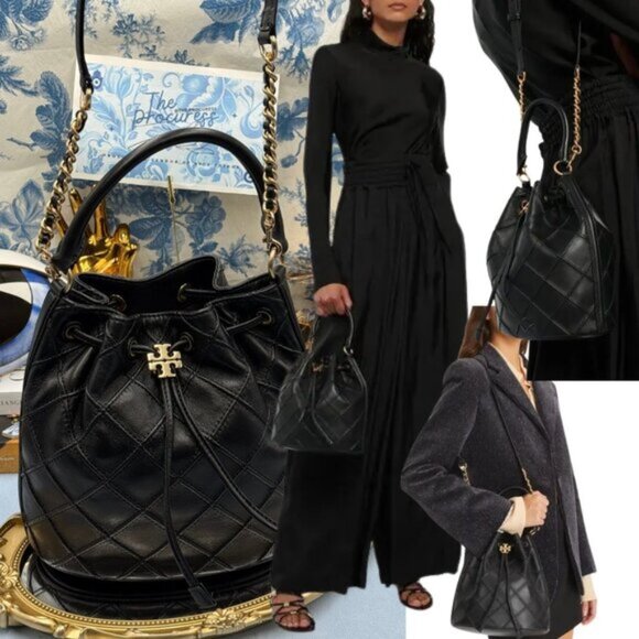 🆕 TORY BURCH 🧿 NWOT Fleming Soft Large Bucket Bag, Black Leather Diamond Quilt - Picture 1 of 16